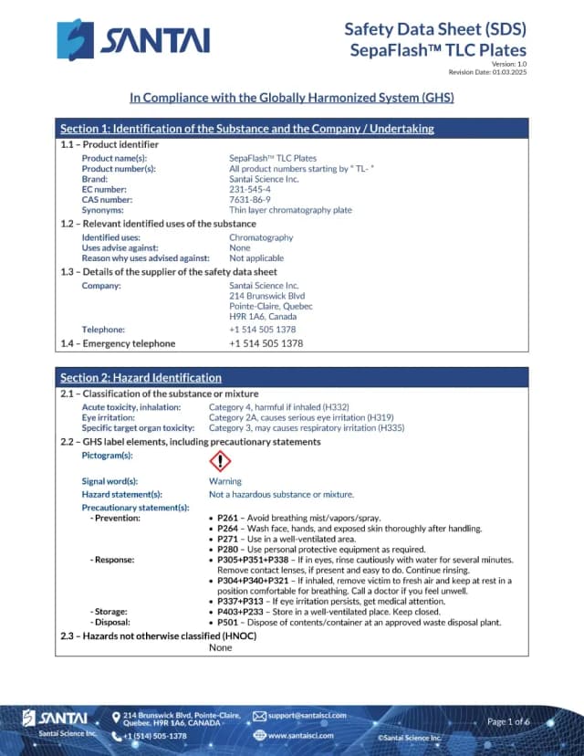 Safety Data Sheet – SepaFlash™ TLC Plates